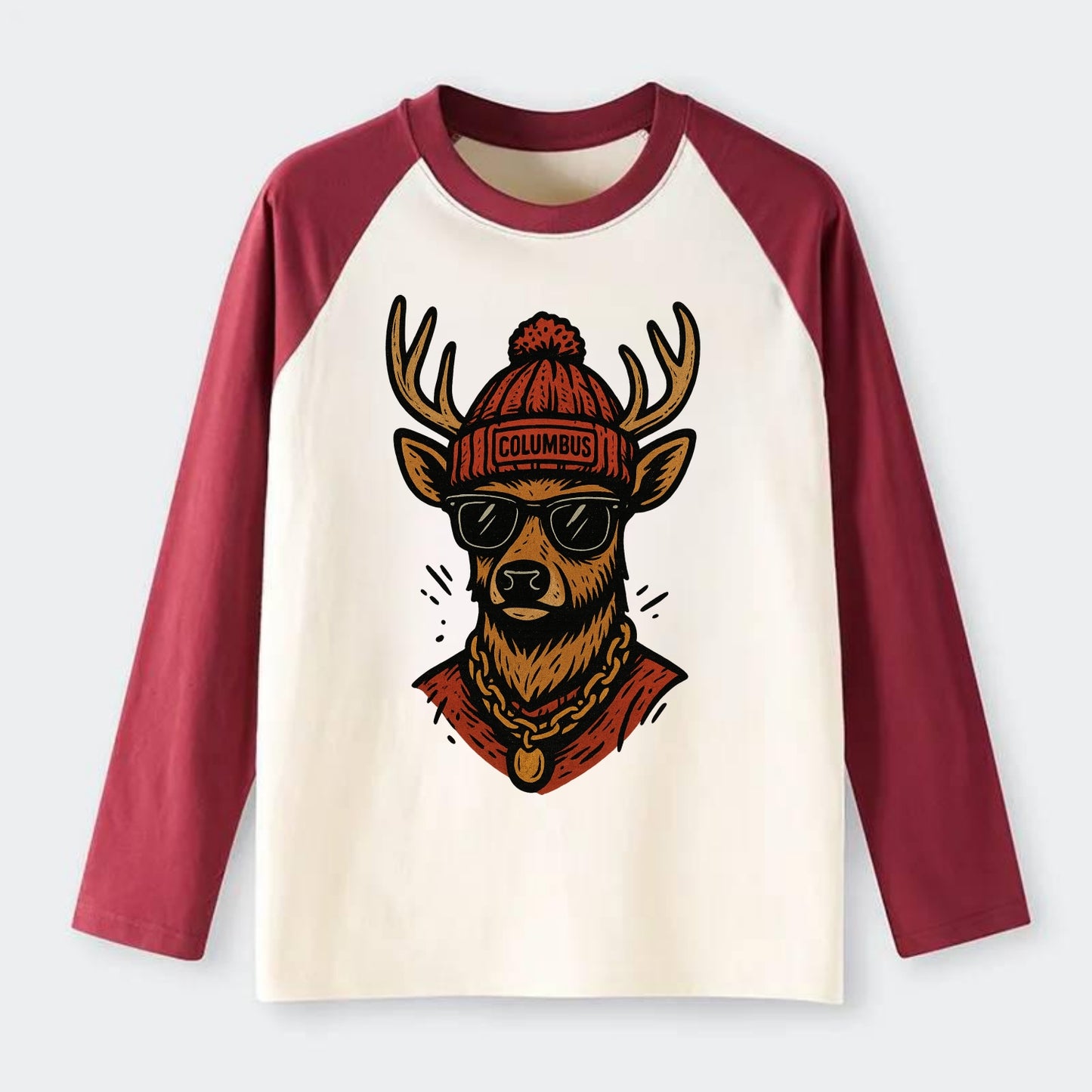 Columbus White-tailed Deer wearing Columbus beanie with pom pom and - Raglan Long Sleeve T-Shirt - Red