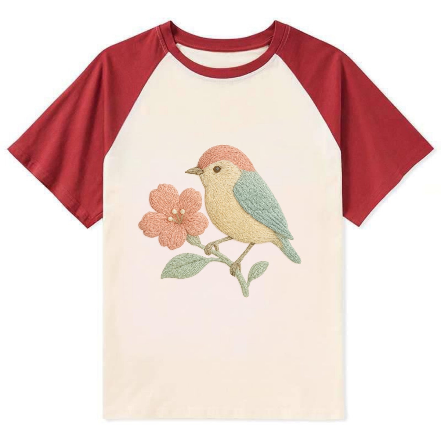 Peach Flowerpecker - Contrast Raglan T-shirt - Red