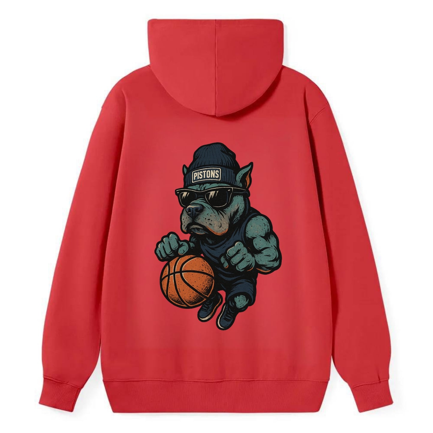 Detroit Pitbull wearing Pistons beanie with chrome patch and wayfarer - Classic Pullover Hoodie - Red