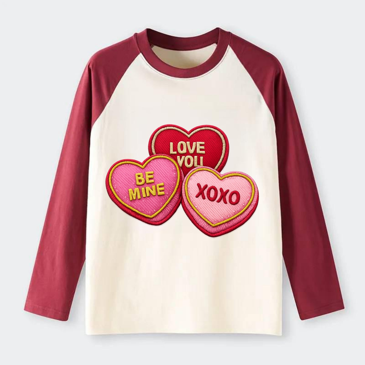 VALENTINES HEARTS - candy hearts in pink and red , love day - Raglan Long Sleeve T-Shirt - Red