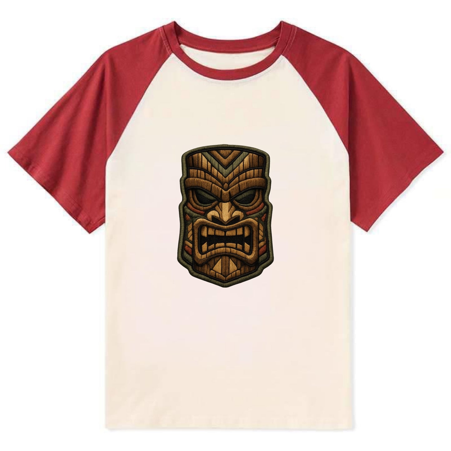 TIKI MASK - carved totem in brown and red , Polynesian - Contrast Raglan T-shirt - Red