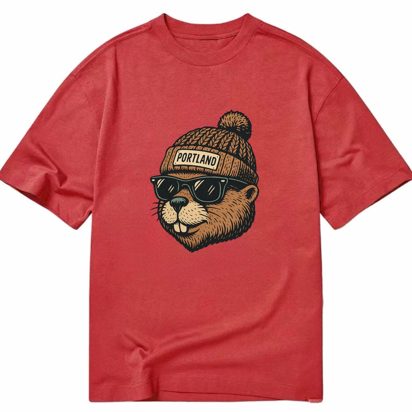 Portland Beaver wearing Portland beanie with pom pom and wayfarer sunglasses - Classic T-shirt - Red