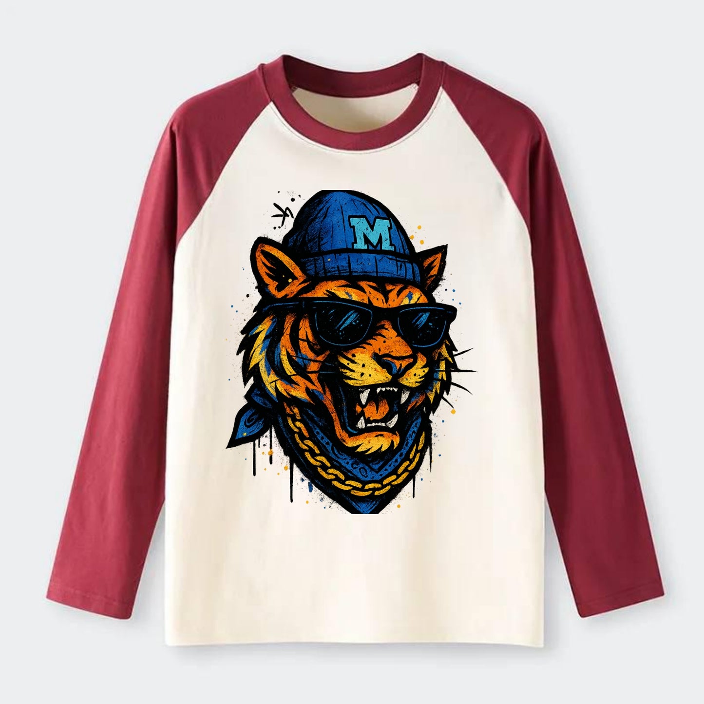 Memphis Tiger wearing Memphis beanie with M patch - Raglan Long Sleeve T-Shirt - Red