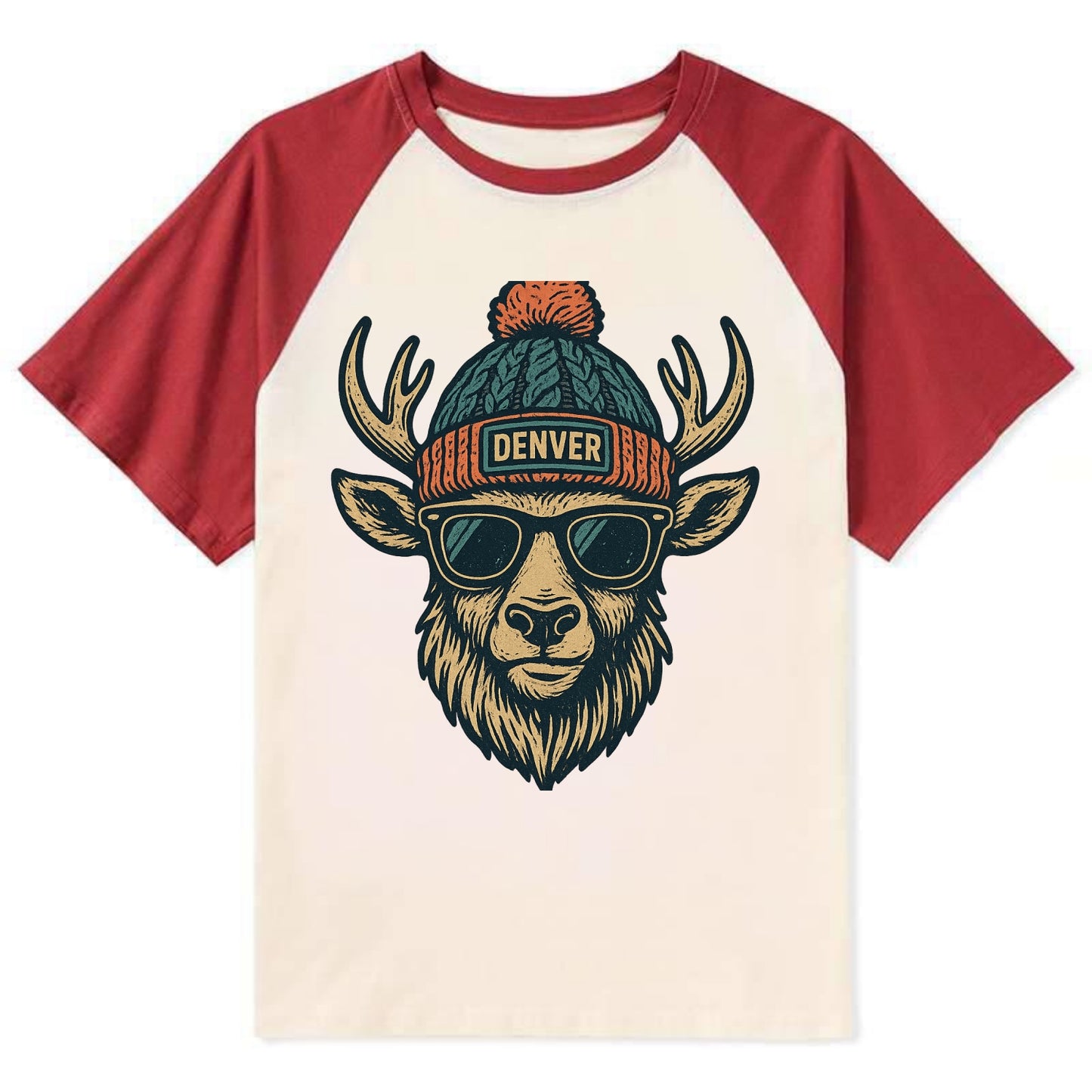 Denver Elk wearing Denver beanie with pom pom and wayfarer sunglasses - Contrast Raglan T-shirt - Red