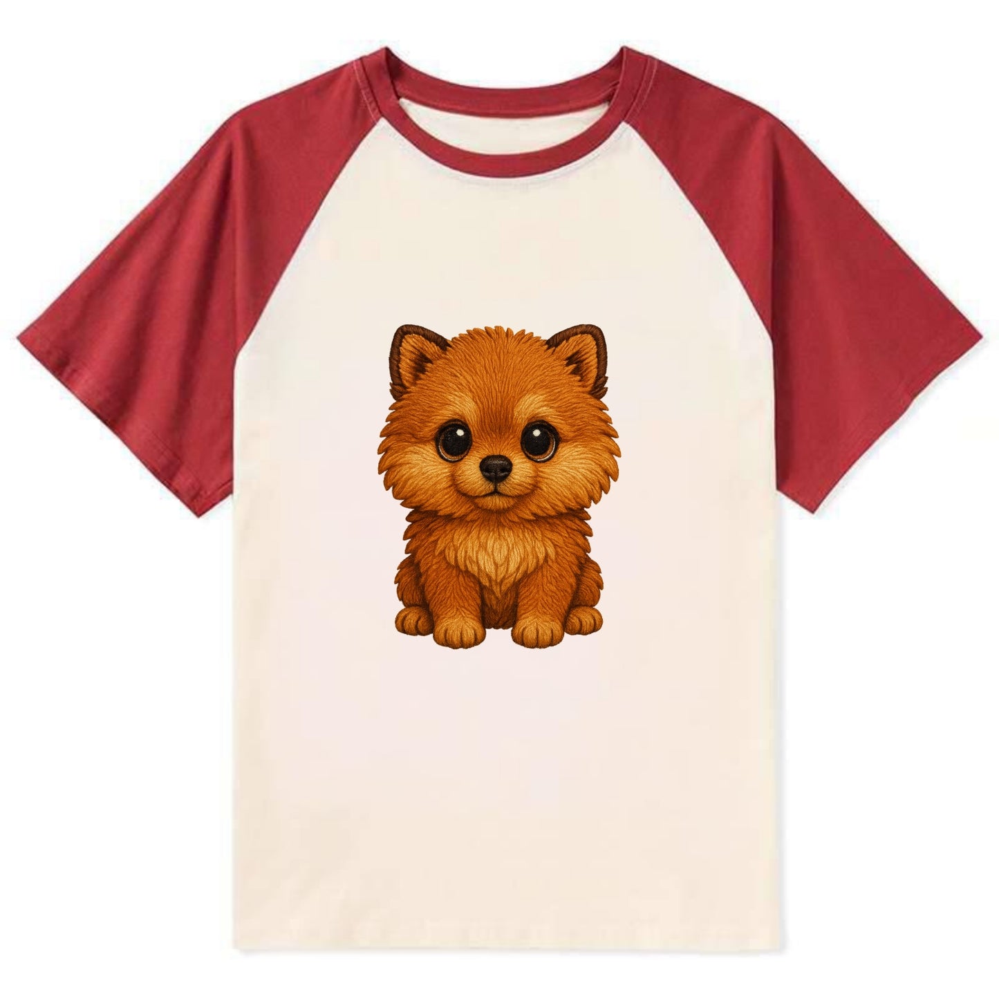 Baby Pomeranian Puppy - fluffy orange ball, fox face, tiny body, bright - Contrast Raglan T-shirt - Red