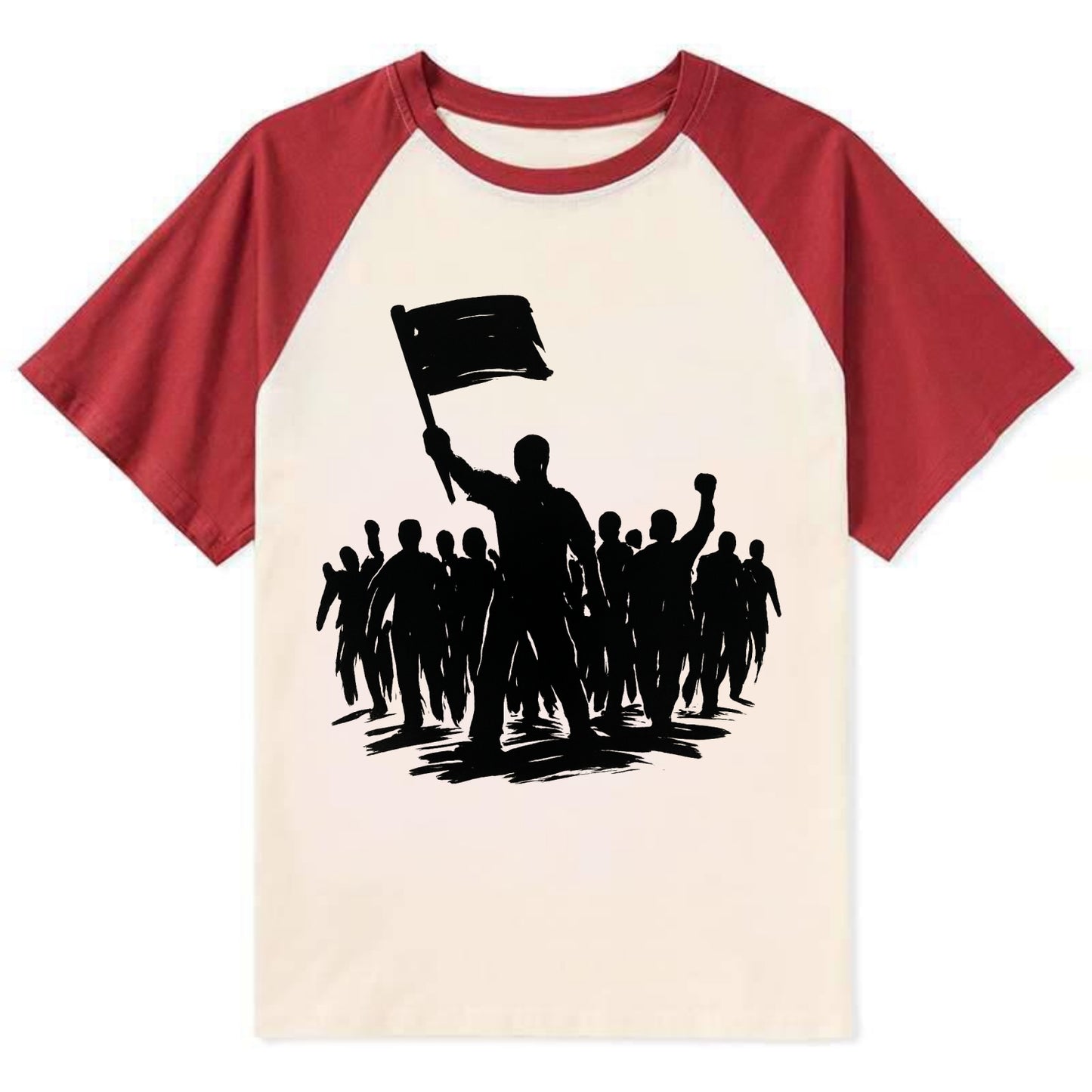 Crowd of protesters marching - solidarity movement ink painting - Contrast Raglan T-shirt - Red
