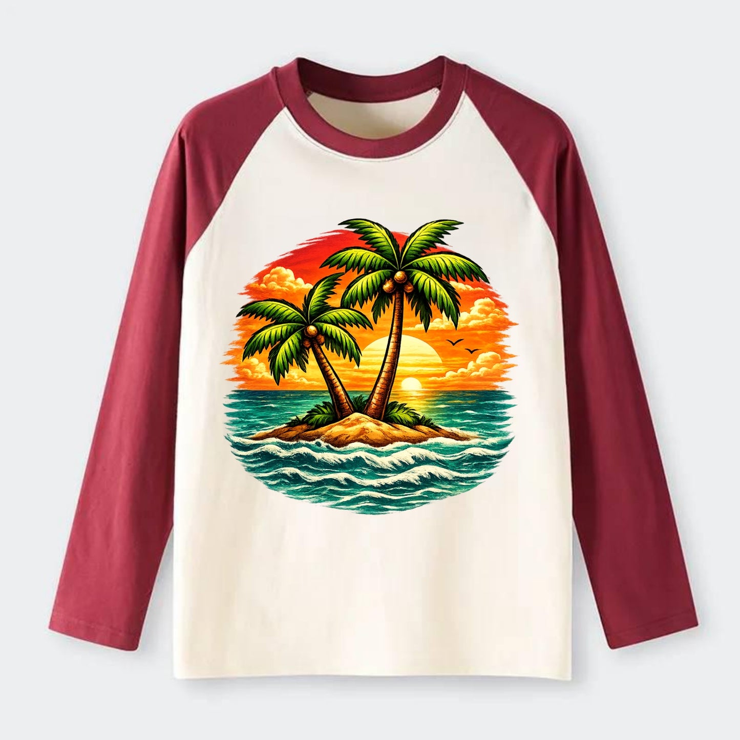 Tropical Island - Raglan Long Sleeve T-Shirt - Red