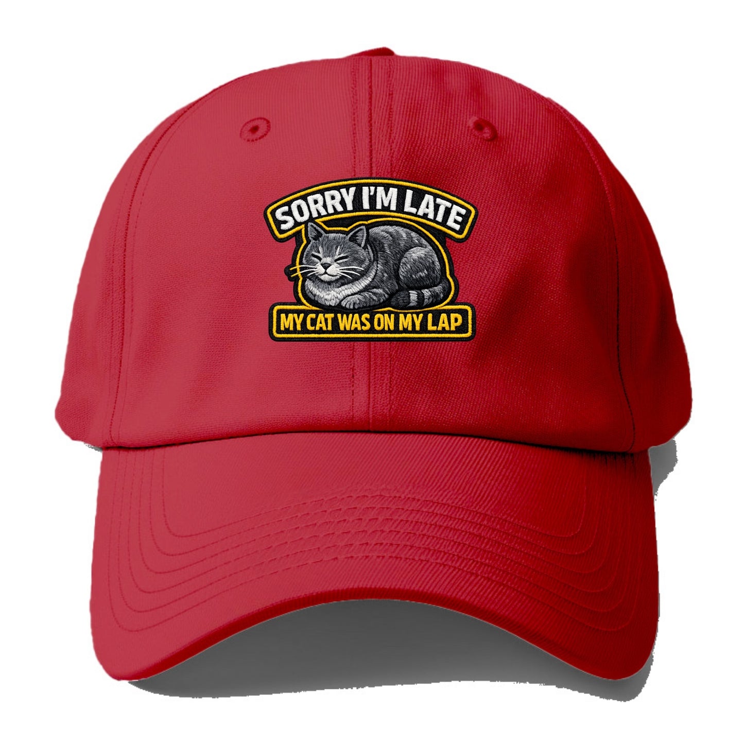 SORRY IM LATE MY CAT WAS ON MY LAP - cat loaf in gray , valid excuse - Baseball Cap - Red