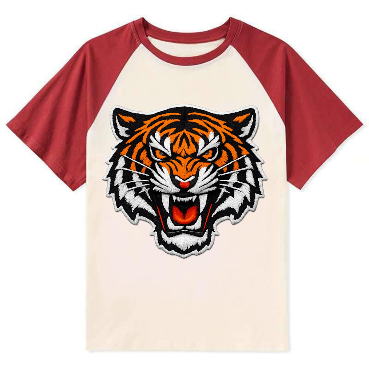 TIGER STRIPES FACE - fierce tiger face in orange, black and white , - Contrast Raglan T-shirt - Red