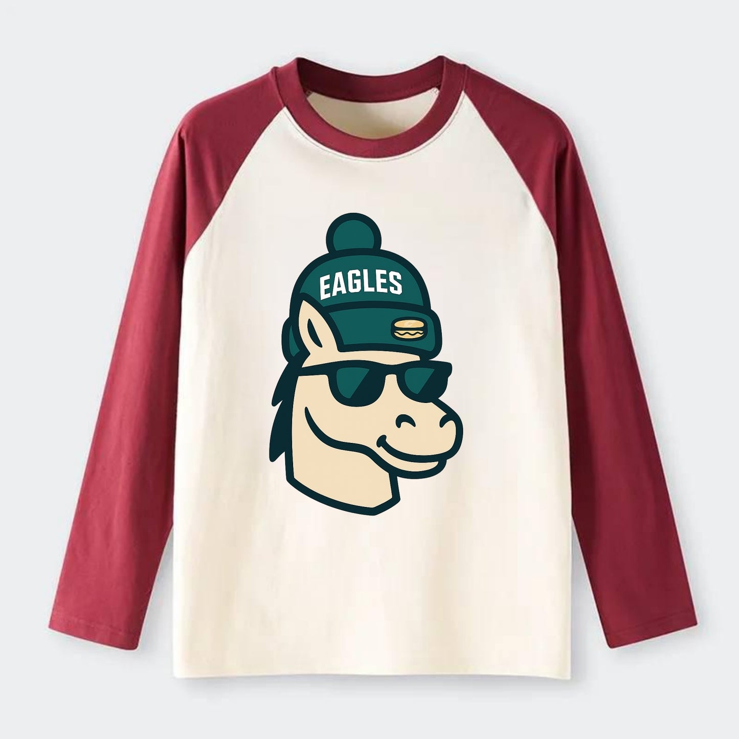 Philadelphia Horse wearing Eagles beanie with cheesesteak patch and - Raglan Long Sleeve T-Shirt - Red