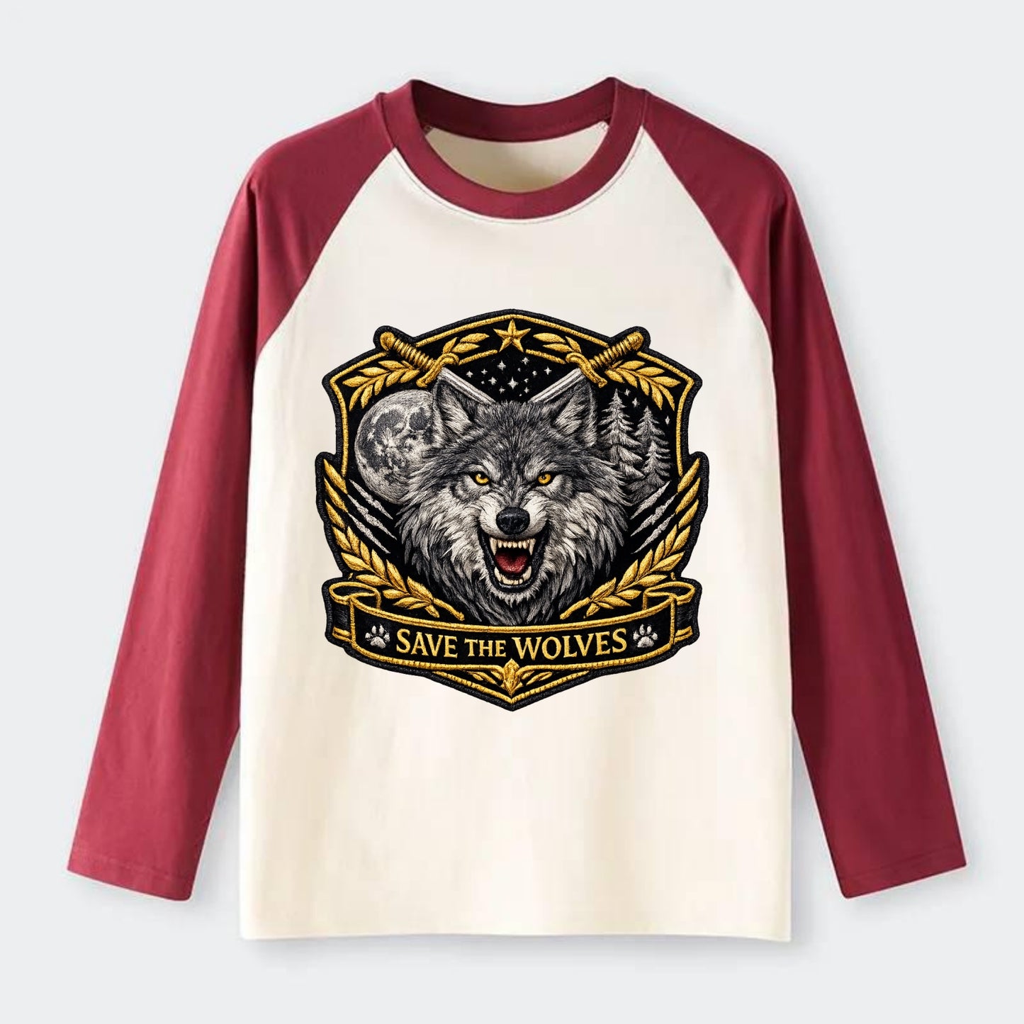 SAVE THE WOLVES - wolf moon in gray , predator protection - Raglan Long Sleeve T-Shirt - Red