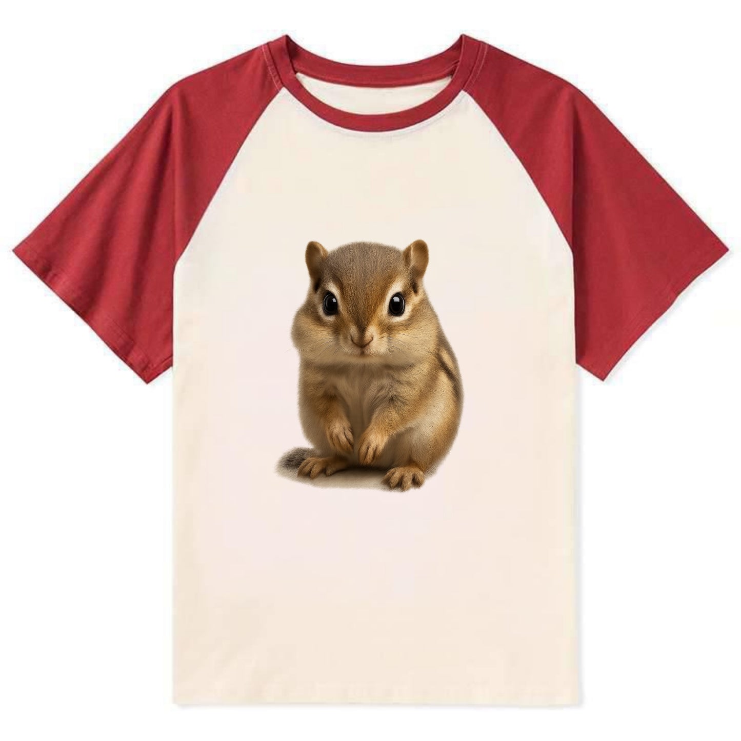 Baby Chipmunk - striped back, cheek pouches, tiny paws, bright eyes, - Contrast Raglan T-shirt - Red