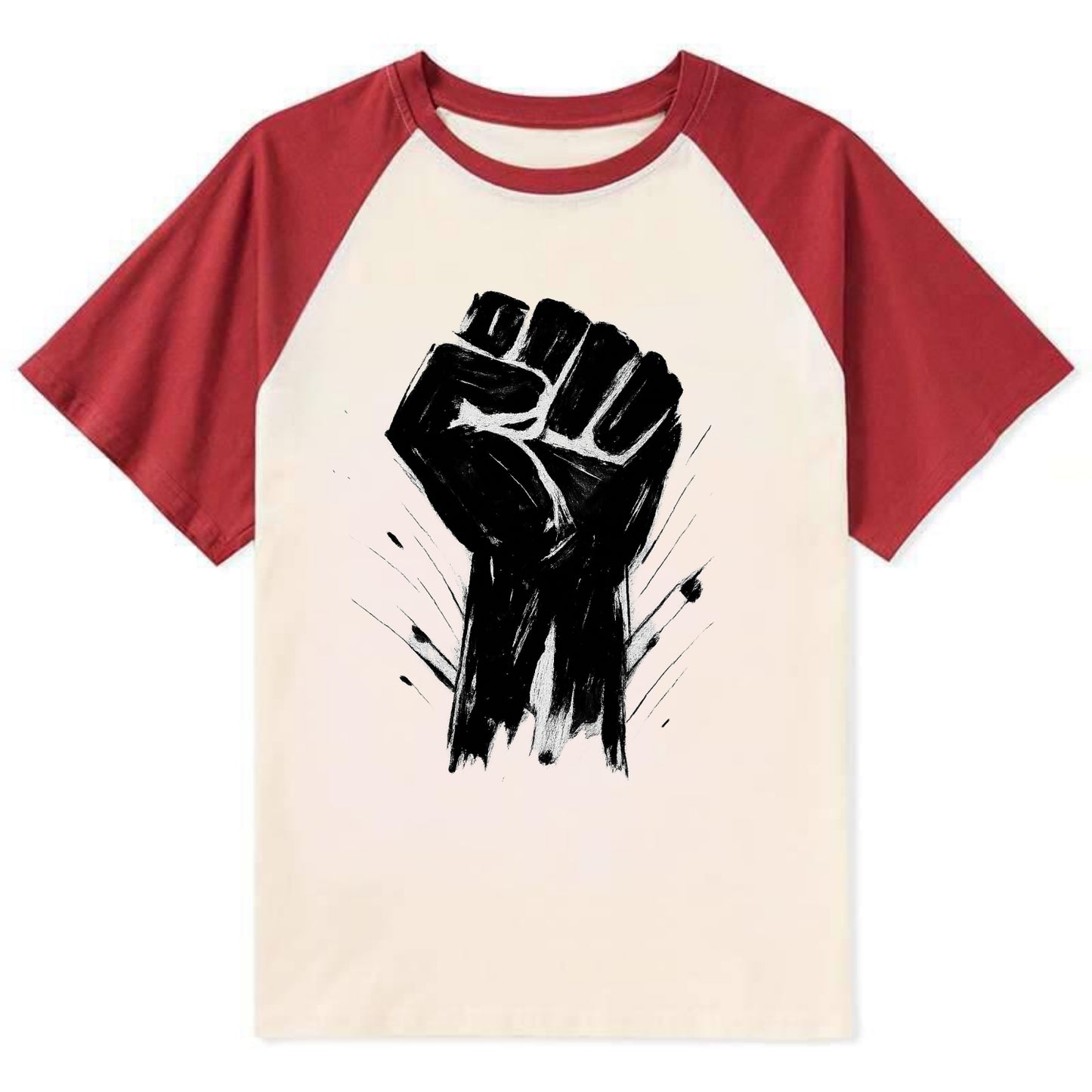 Raised fist in bold black ink brushstrokes - symbol of solidarity and - Contrast Raglan T-shirt - Red