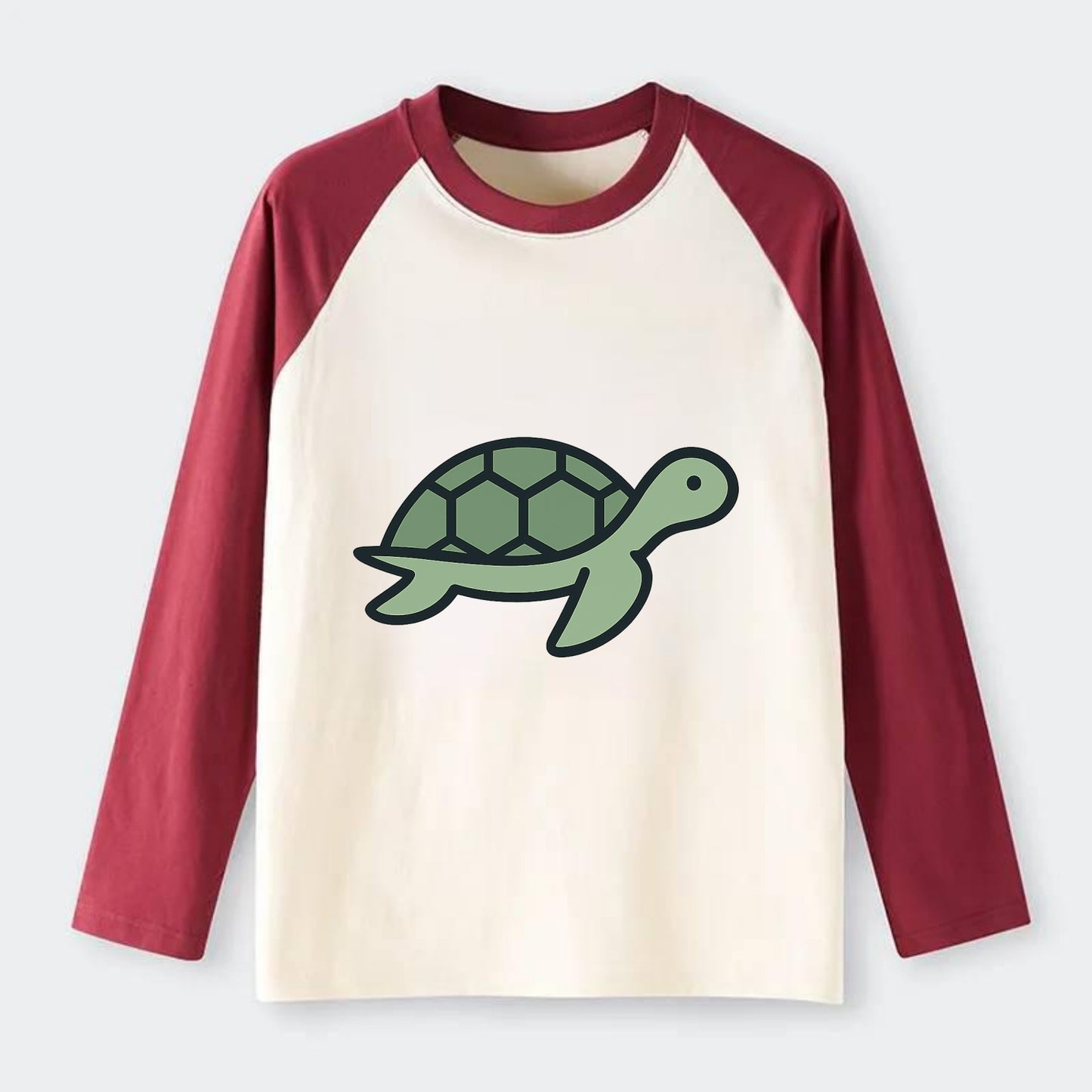 Sea Turtle - Green with shell pattern flat side profile - Raglan Long Sleeve T-Shirt - Red