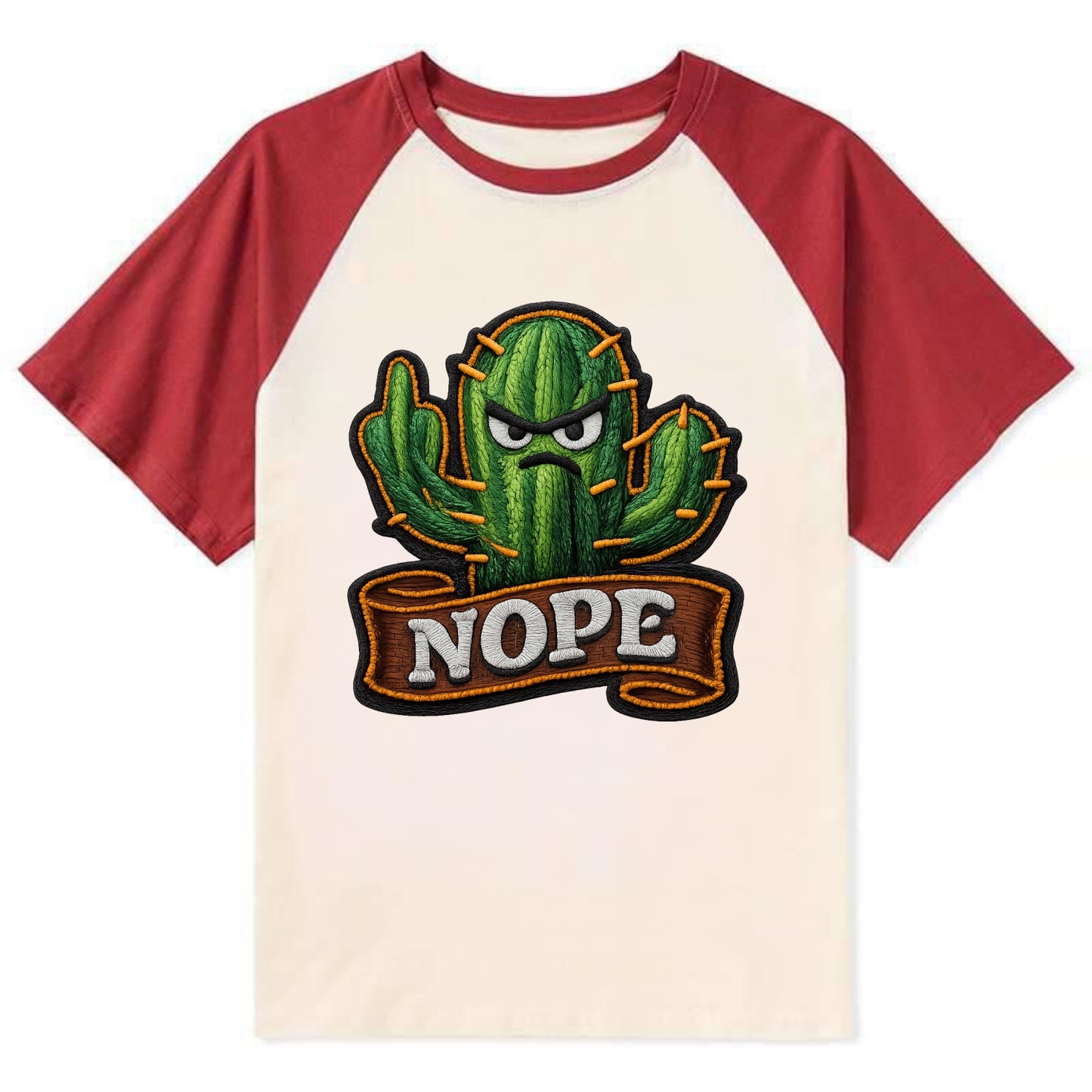 NOPE CACTUS - cactus with attitude in green , prickly personality - Contrast Raglan T-shirt - Red