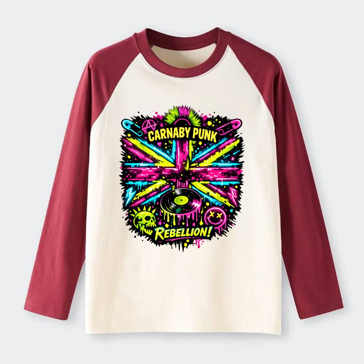 CARNABY PUNK | Swinging 60s meets 70s punk | Psychedelic Union Jack - Raglan Long Sleeve T-Shirt - Red