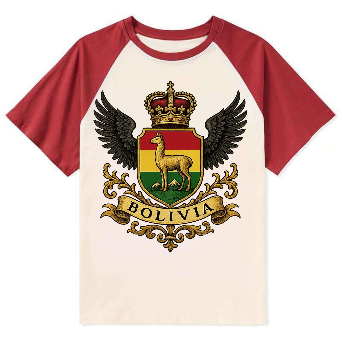 Bolivia Llama Emblem - Contrast Raglan T-shirt - Red