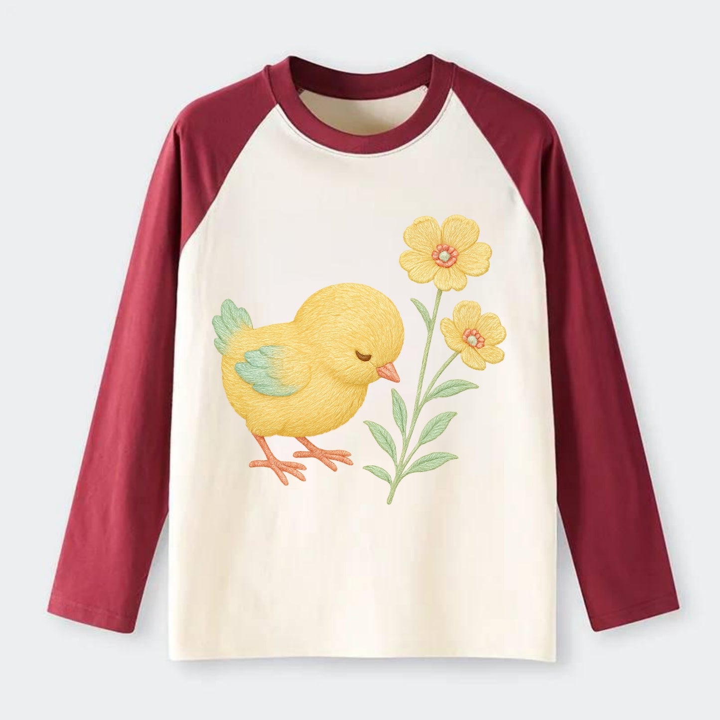 Yellow Chick - Raglan Long Sleeve T-Shirt - Red