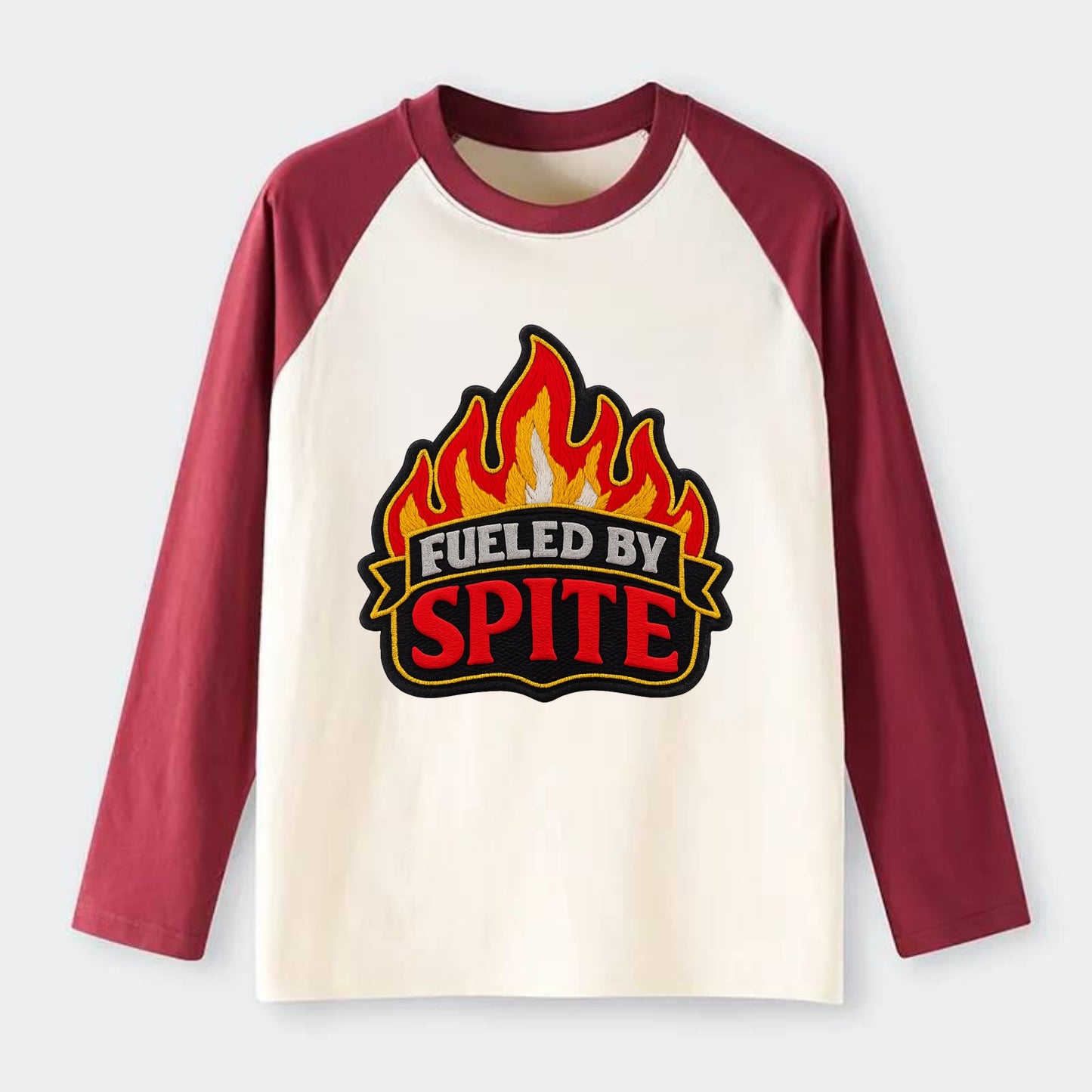 FUELED BY SPITE - fire with text in black and red , petty motivation - Raglan Long Sleeve T-Shirt - Red