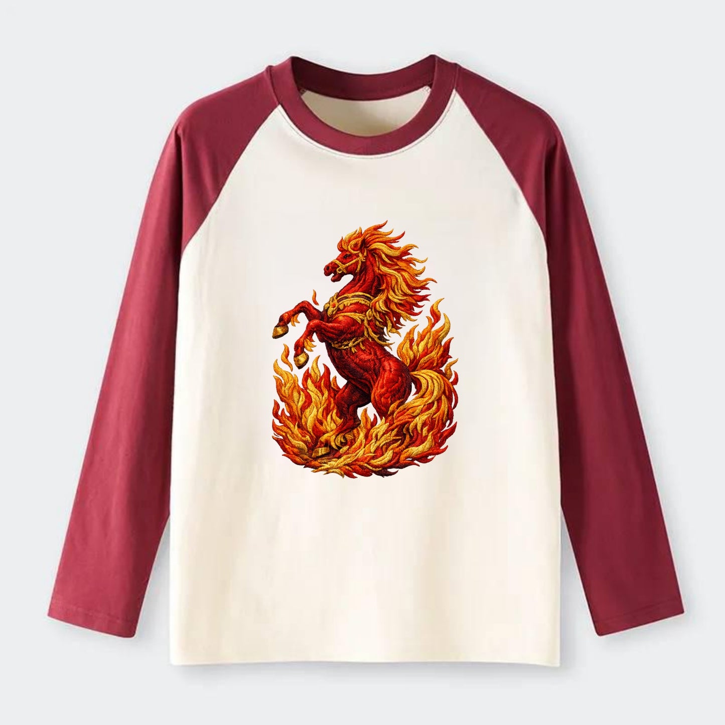 VICTORY BLAZE | Triumphant rearing horse in flames | Achievement - Raglan Long Sleeve T-Shirt - Red