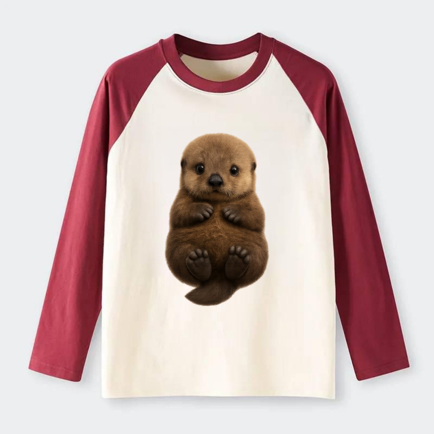 Baby Sea Otter - brown fluffy, floating on back, tiny paws, bright - Raglan Long Sleeve T-Shirt - Red