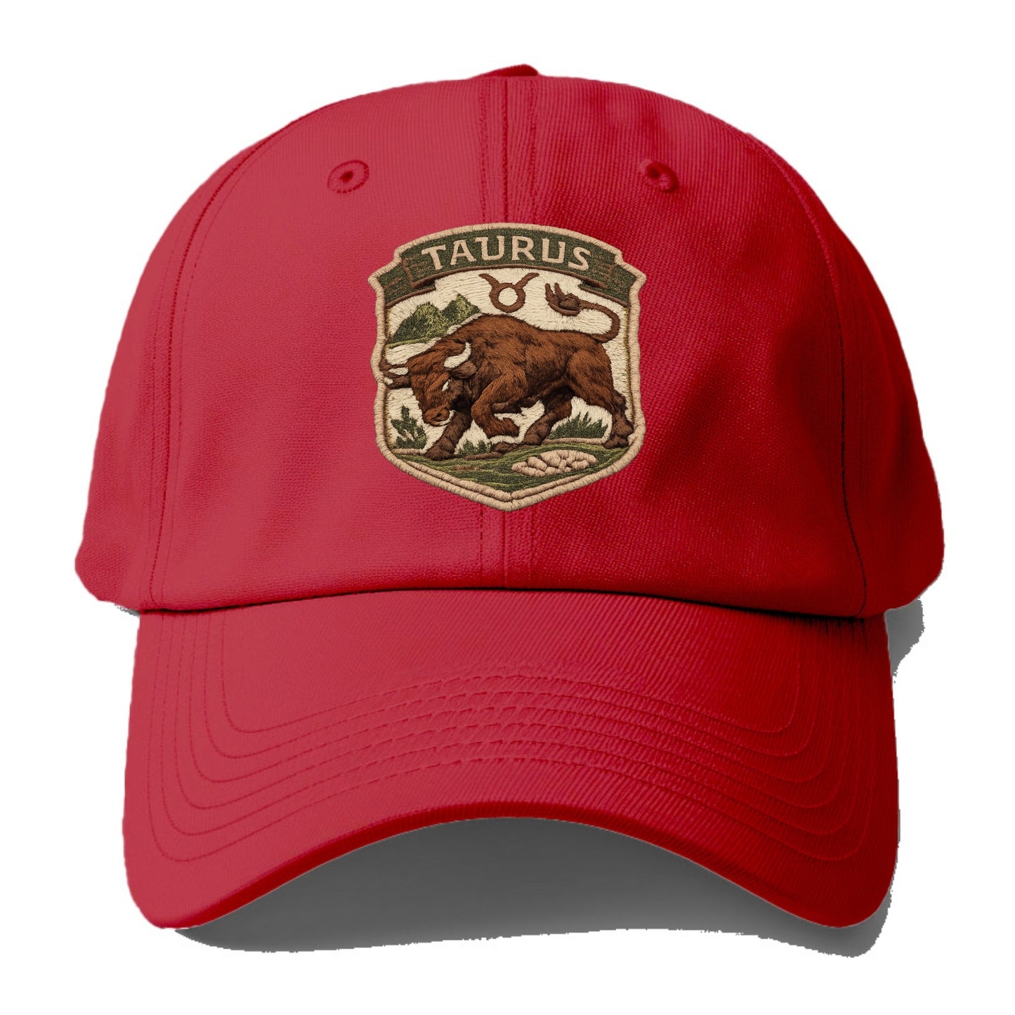 TAURUS BULL - strong bull in brown and green , earth sign - Baseball Cap - Red