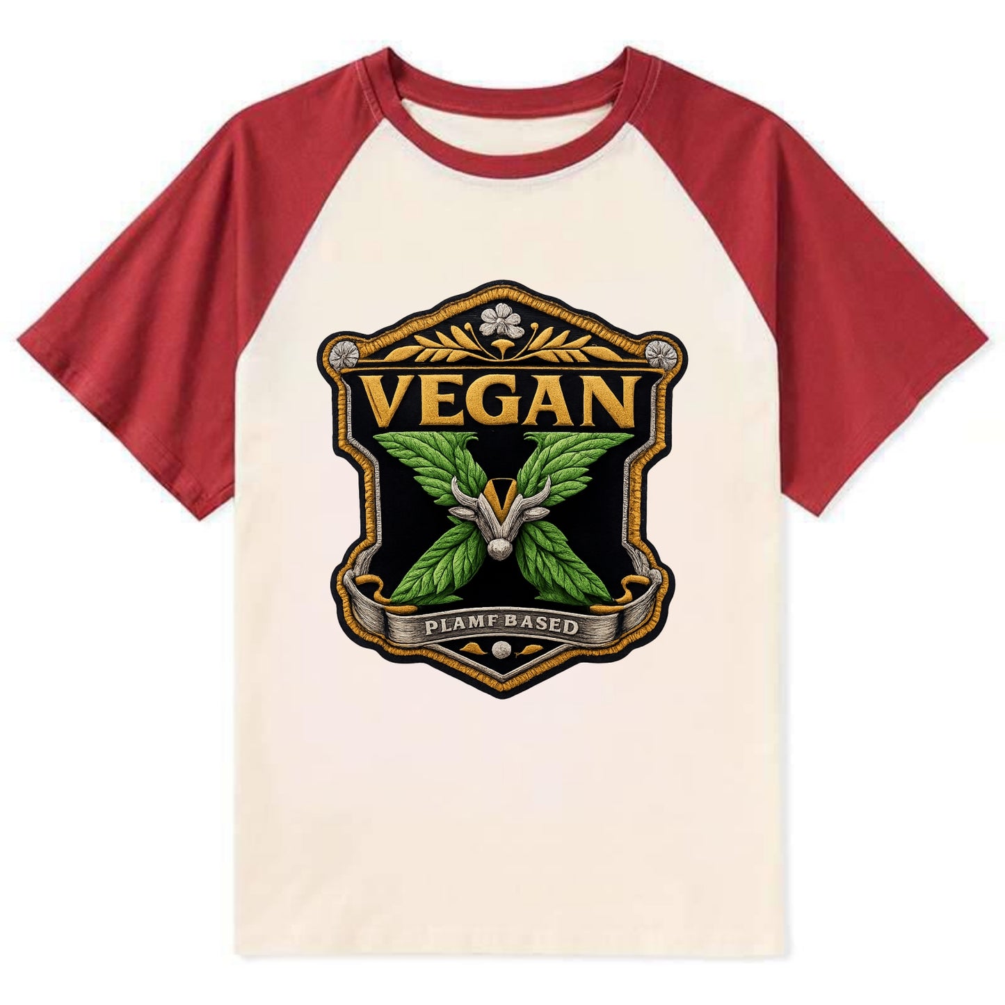 VEGAN X - plant-based symbol in green , animal rights - Contrast Raglan T-shirt - Red
