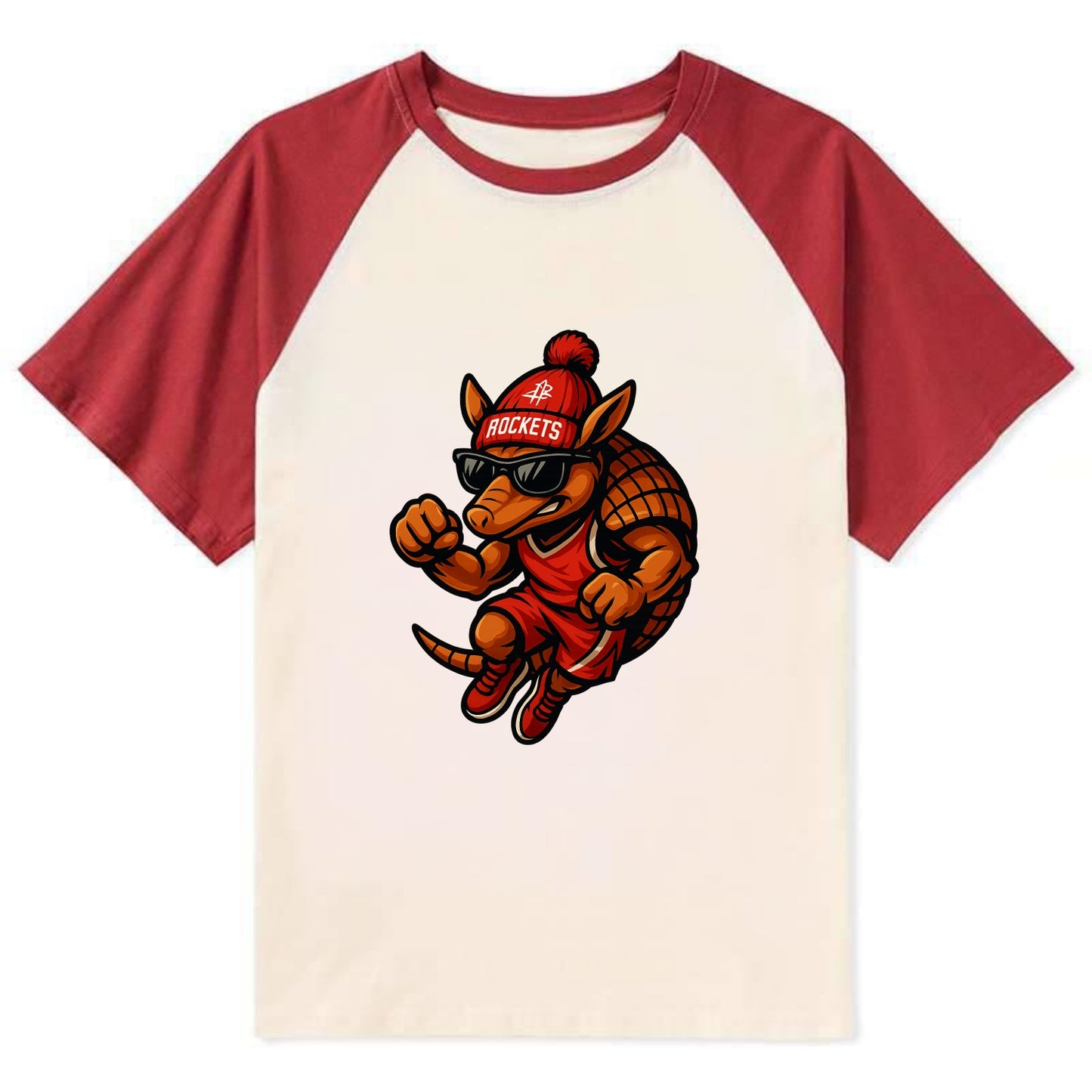 Houston Armadillo wearing Rockets red and silver beanie with rocket ship - Contrast Raglan T-shirt - Red