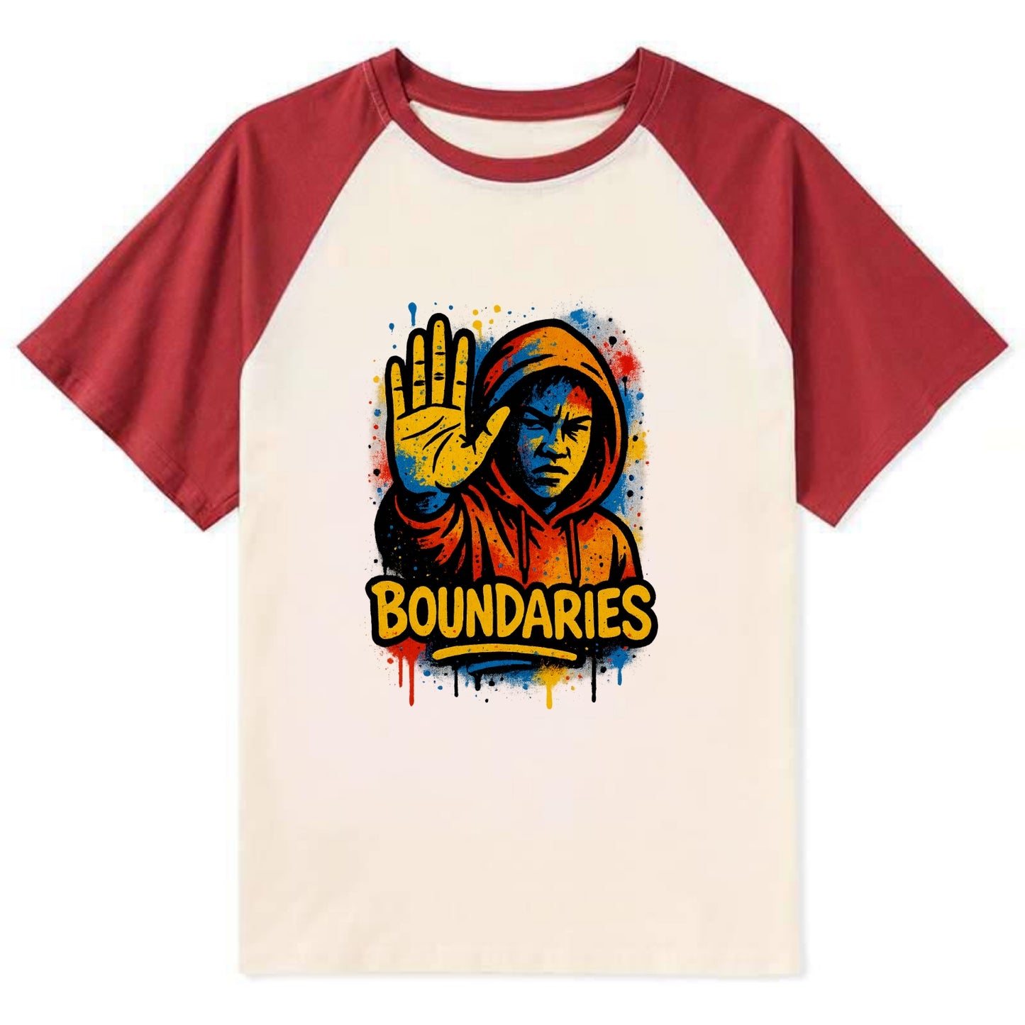 Person holding up hand in "stop" gesture - setting boundaries concept, - Contrast Raglan T-shirt - Red