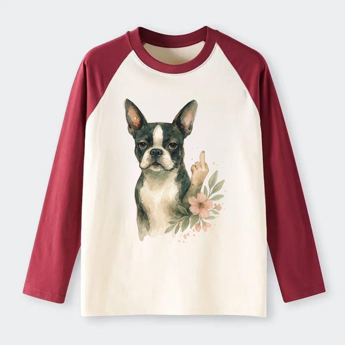 Boston Terrier with tuxedo markings, perky ears, paw up giving sass - Raglan Long Sleeve T-Shirt - Red