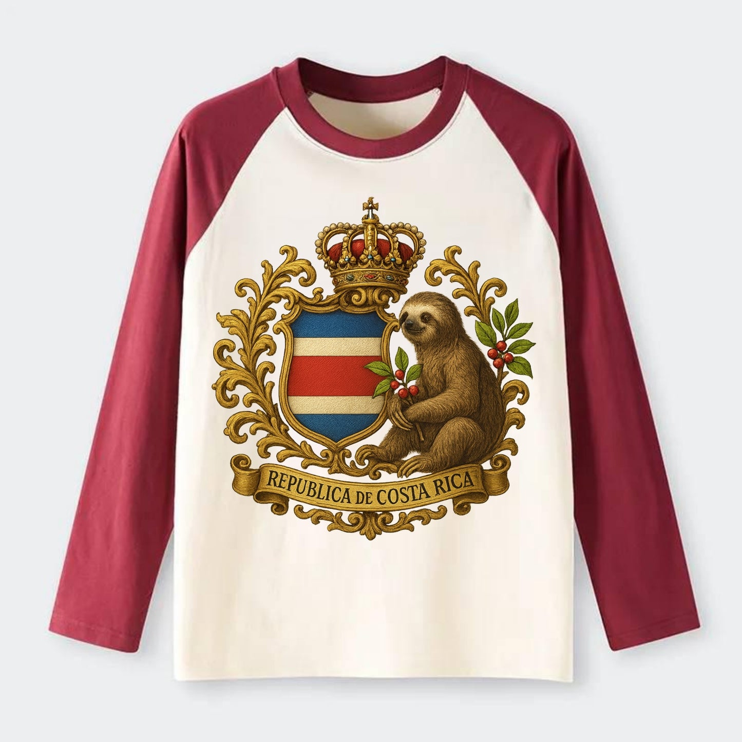 Costa Rica Sloth Emblem - Raglan Long Sleeve T-Shirt - Red
