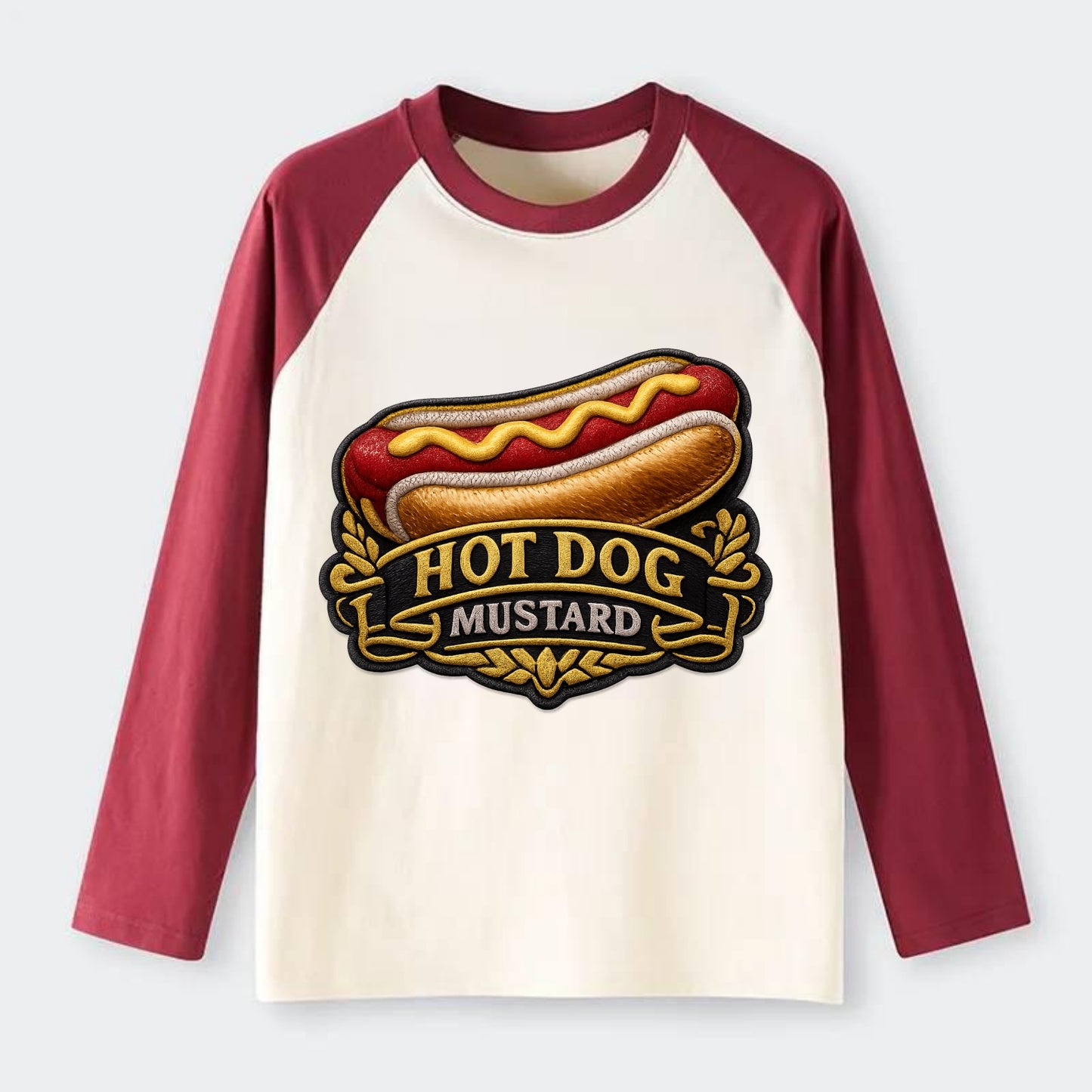 HOT DOG MUSTARD - classic hot dog in tan yellow red , ballpark food - Raglan Long Sleeve T-Shirt - Red