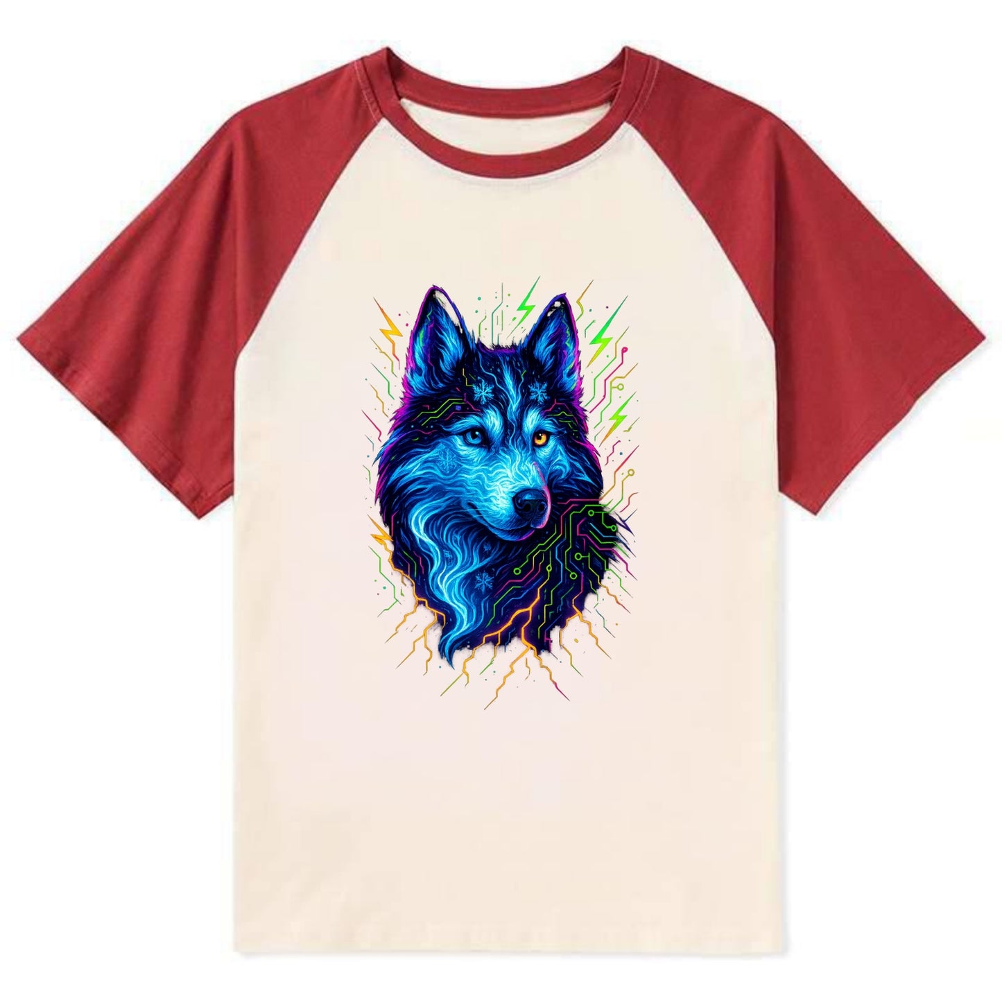 Siberian husky with ice-crystal flowing patterns, electric blue and white - Contrast Raglan T-shirt - Red