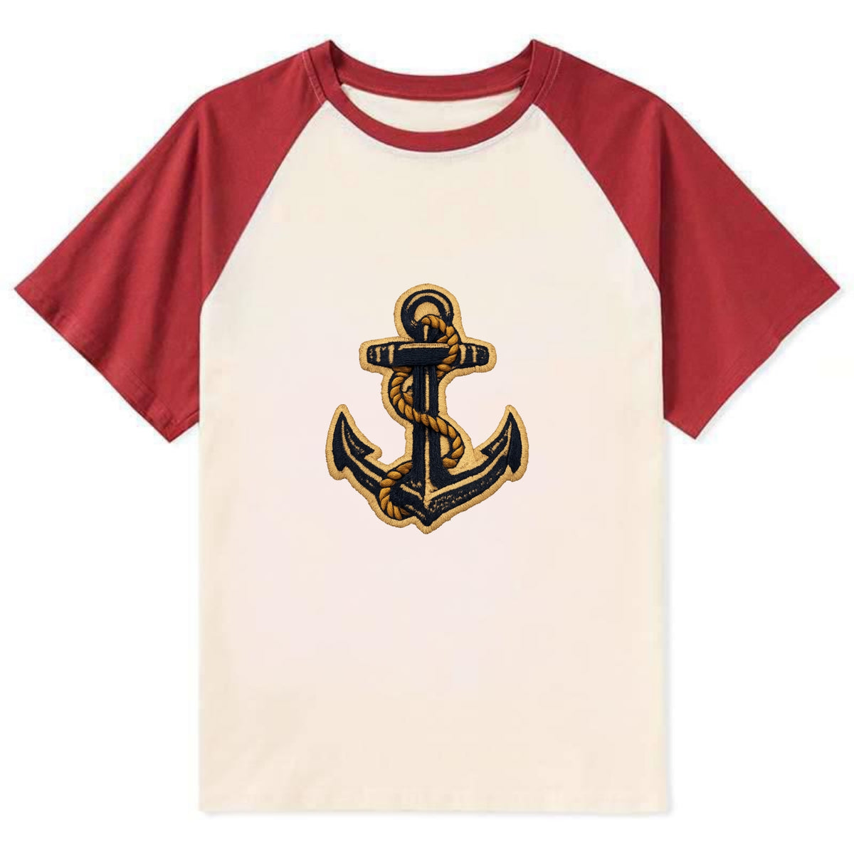 ANCHOR ROPE - classic anchor with rope in navy and gold , sailor - Contrast Raglan T-shirt - Red