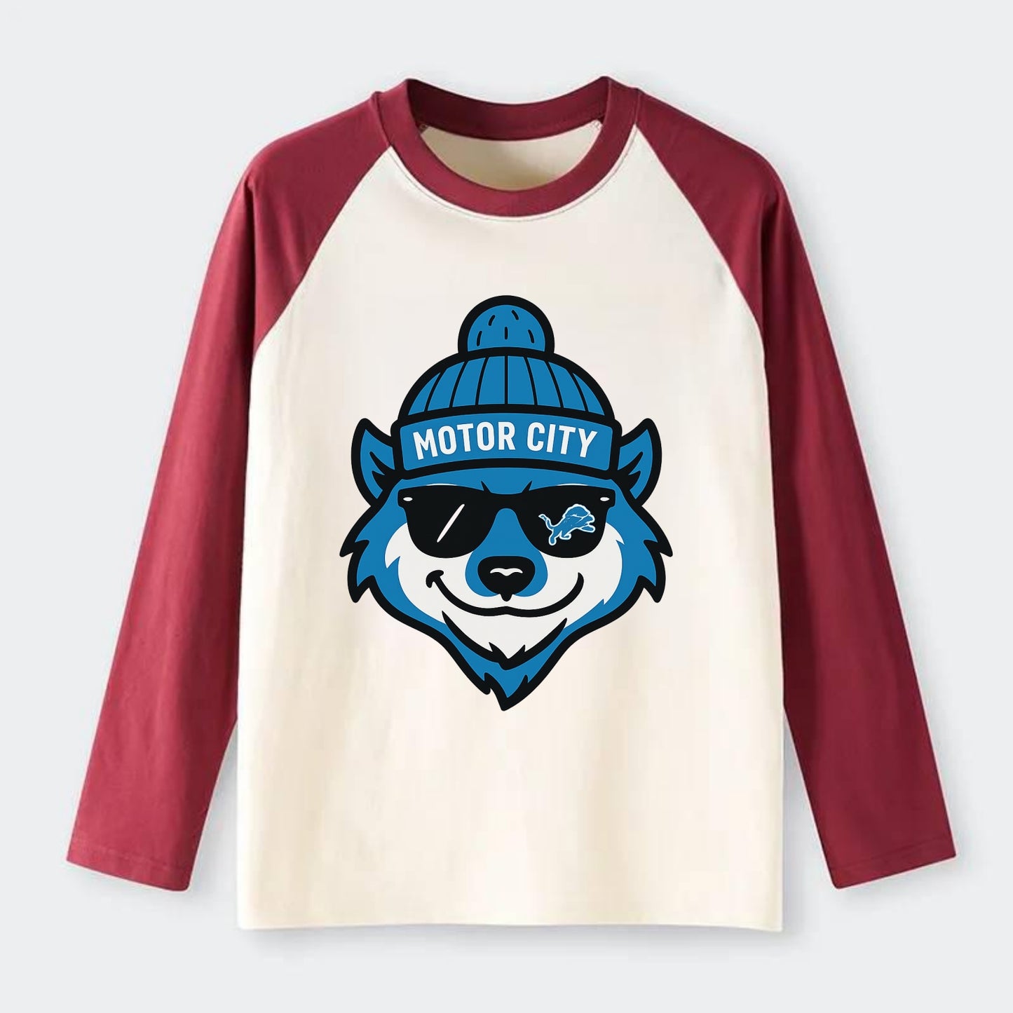 Motor City Wolverine wearing Lions beanie with gear patch and wayfarer - Raglan Long Sleeve T-Shirt - Red
