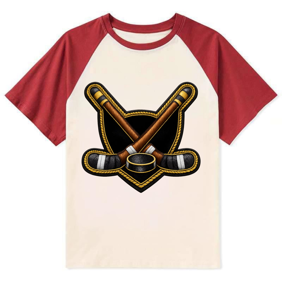 Embroidered patch design - HOCKEY CROSSED STICKS - ice hockey sticks with - Contrast Raglan T-shirt - Red