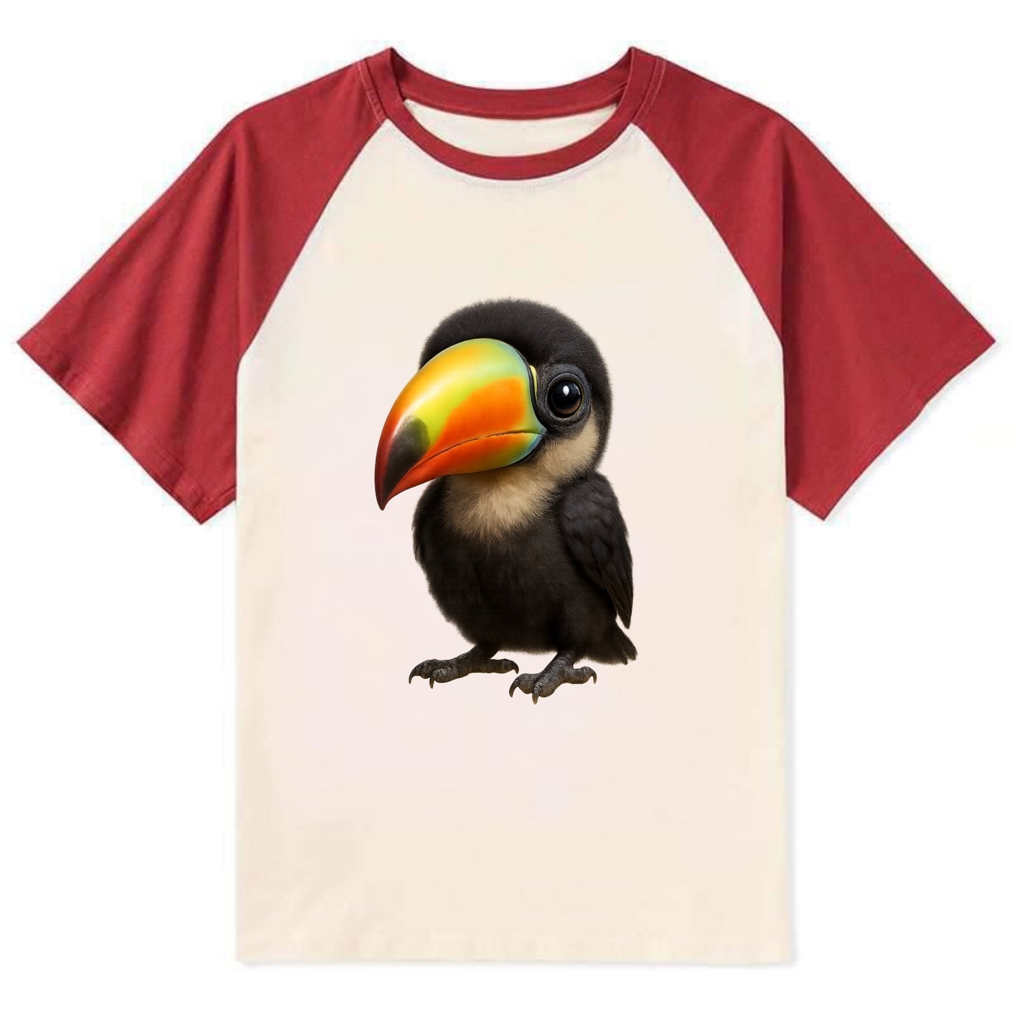 Baby Toucan - oversized colorful beak, black feathers, bright eyes, - Contrast Raglan T-shirt - Red