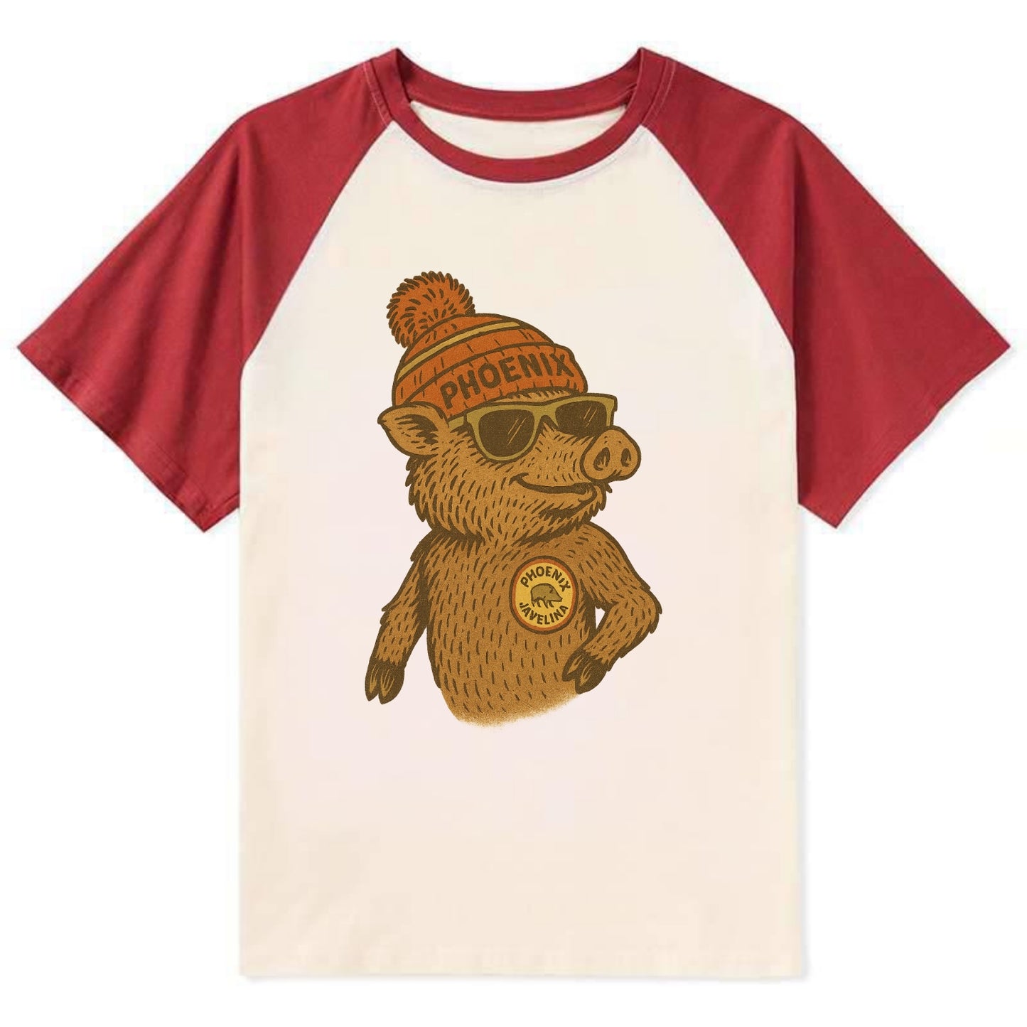 Phoenix Javelina wearing Phoenix beanie with pom pom and wayfarer - Contrast Raglan T-shirt - Red