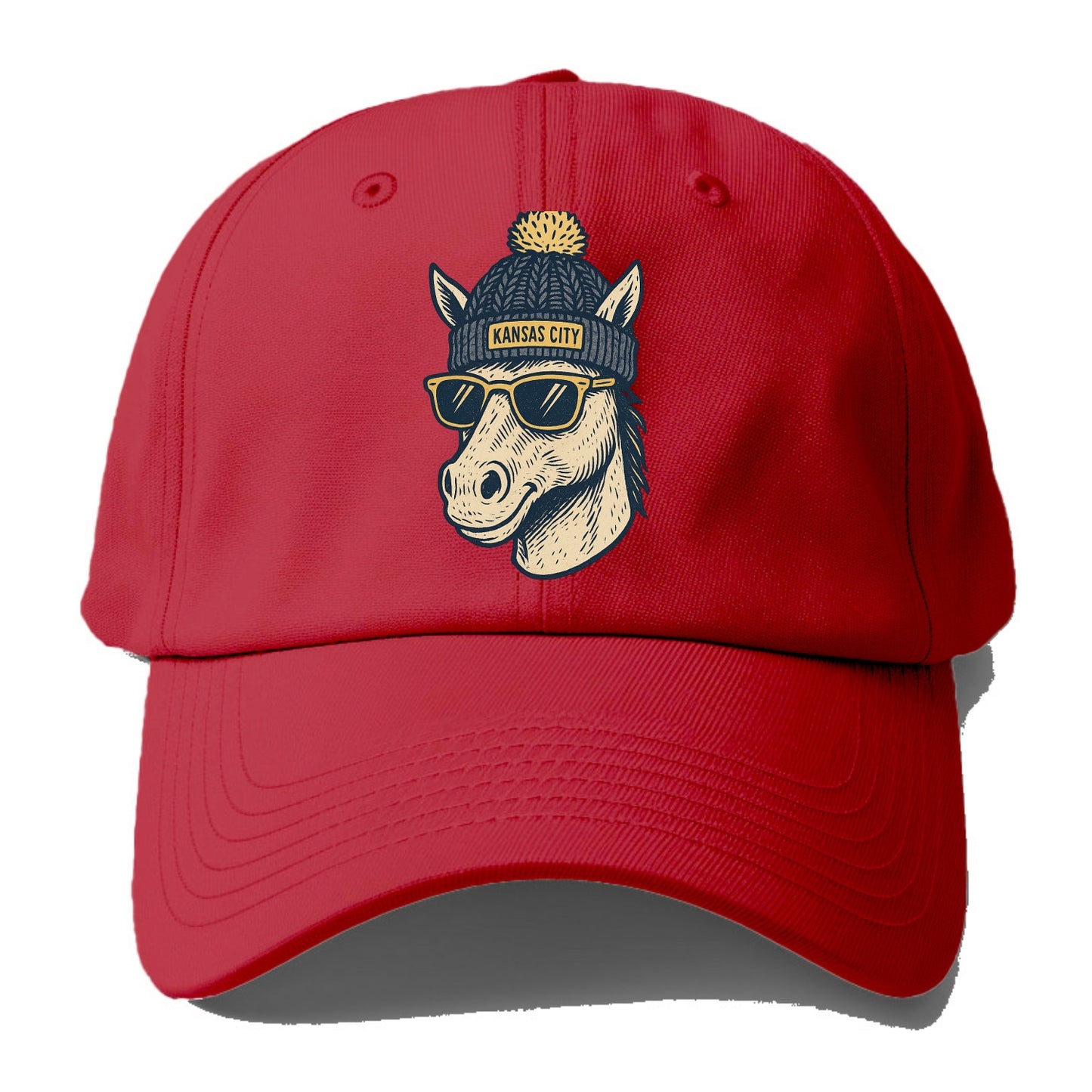 Missouri Mule wearing Kansas City beanie with pom pom and wayfarer sunglasses - Baseball Cap - Red