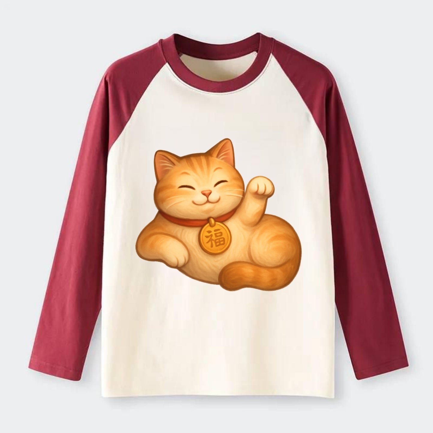 Maneki Neko Pose - Raglan Long Sleeve T-Shirt - Red