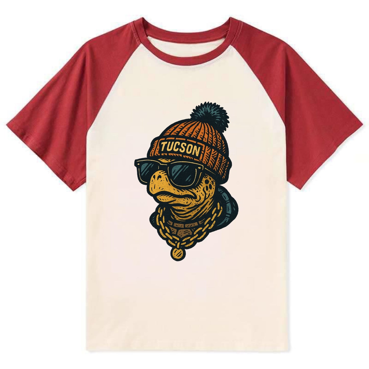 Tucson Desert Tortoise wearing Tucson beanie with pom pom and wayfarer - Contrast Raglan T-shirt - Red