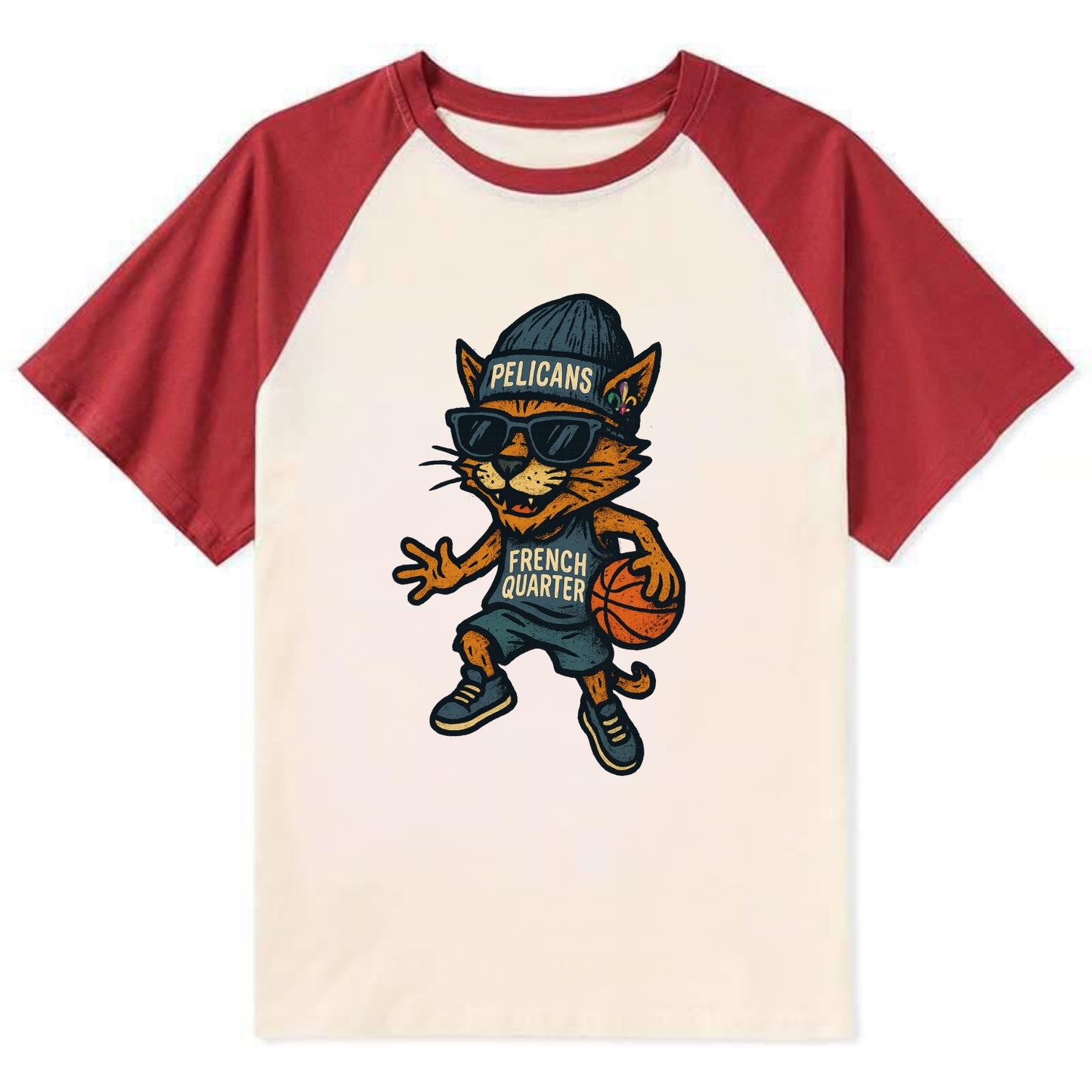 French Quarter Cat wearing Pelicans beanie with Mardi Gras patch and - Contrast Raglan T-shirt - Red