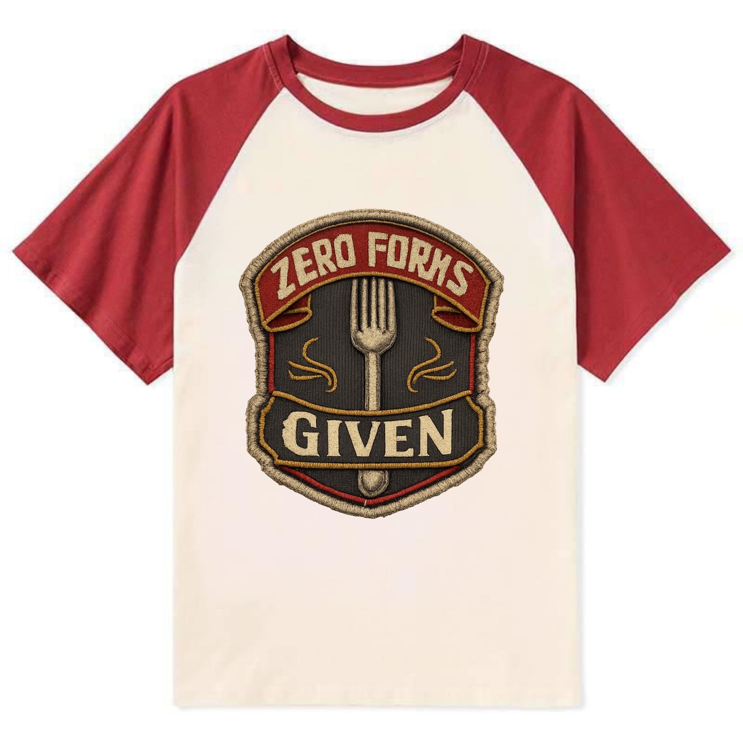 ZERO FORKS GIVEN - fork with text in silver , no cares attitude - Contrast Raglan T-shirt - Red