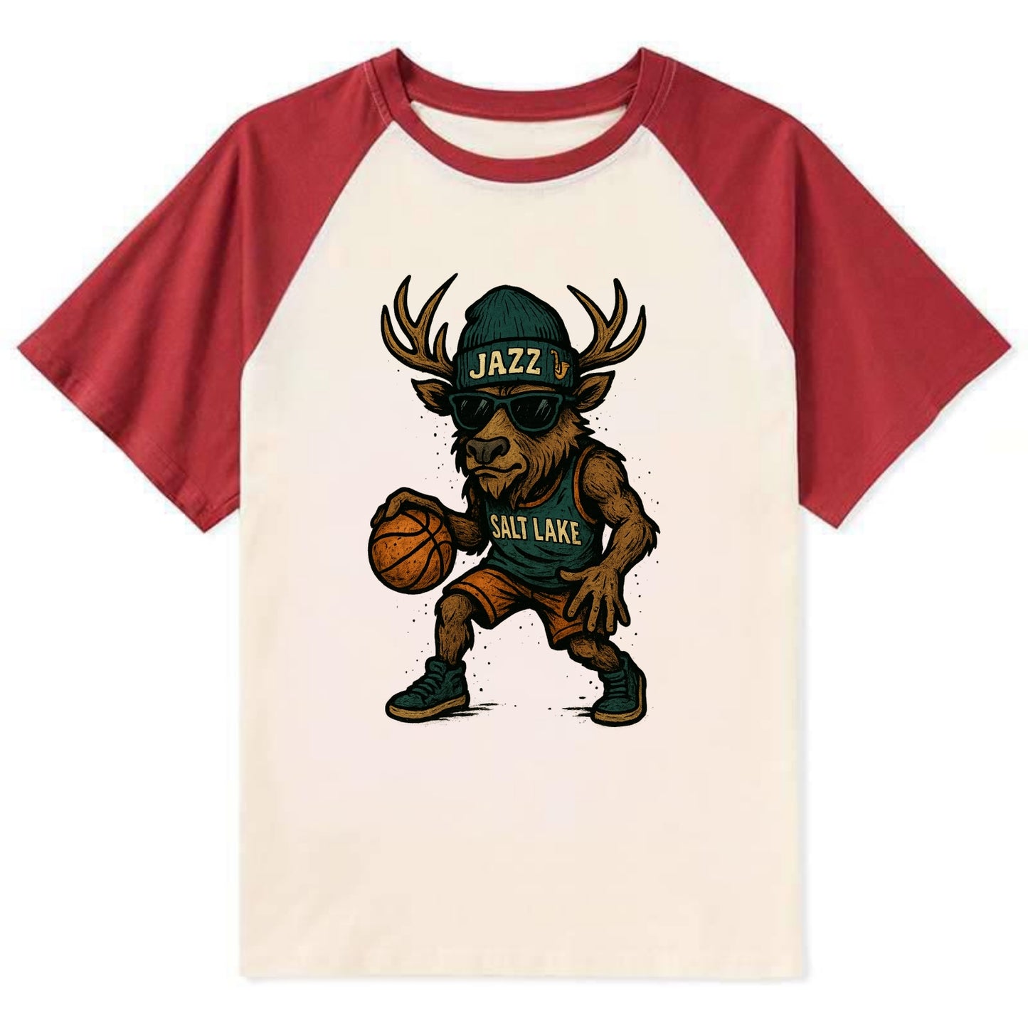 Salt Lake Elk wearing Jazz beanie with saxophone patch and wayfarer - Contrast Raglan T-shirt - Red