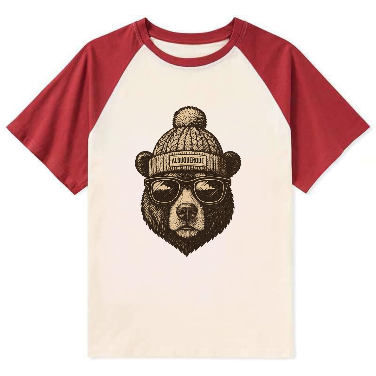 New Mexico Black Bear wearing Albuquerque beanie with pom pom and - Contrast Raglan T-shirt - Red