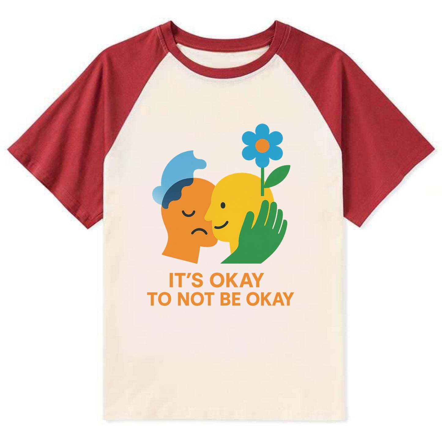 Mental health stigma fading as support grows - "It's Okay to Not Be Okay" - Contrast Raglan T-shirt - Red