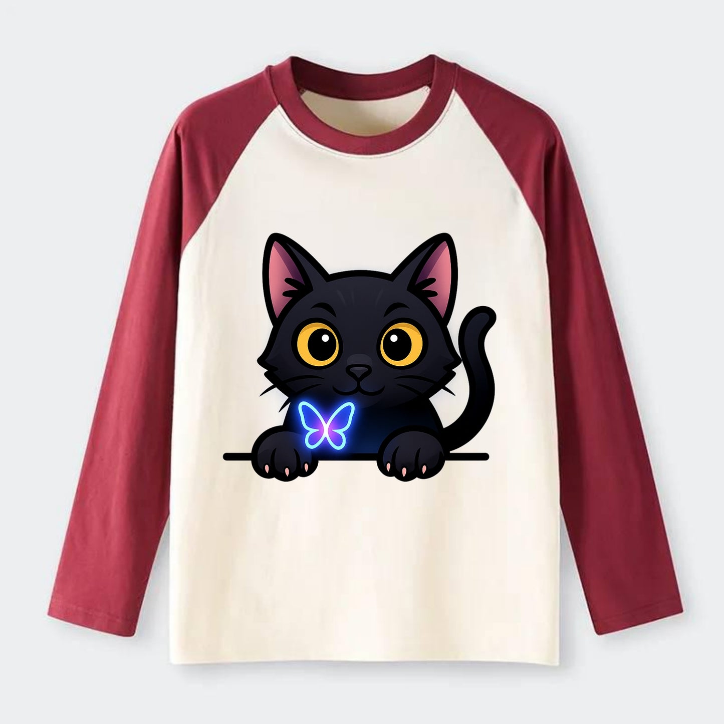 Midnight the black cat blowing a glossy bubblegum bubble while peeking. - Raglan Long Sleeve T-Shirt - Red