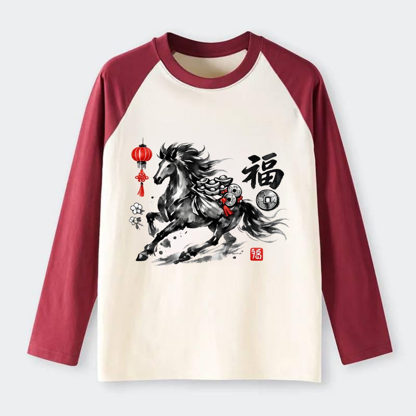 PROSPERITY HORSE | Horse carrying gold ingots and coins | Chinese knot - Raglan Long Sleeve T-Shirt - Red