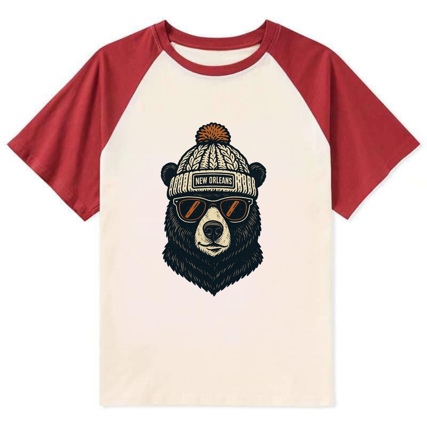 Louisiana Black Bear wearing New Orleans beanie with pom pom and wayfarer - Contrast Raglan T-shirt - Red