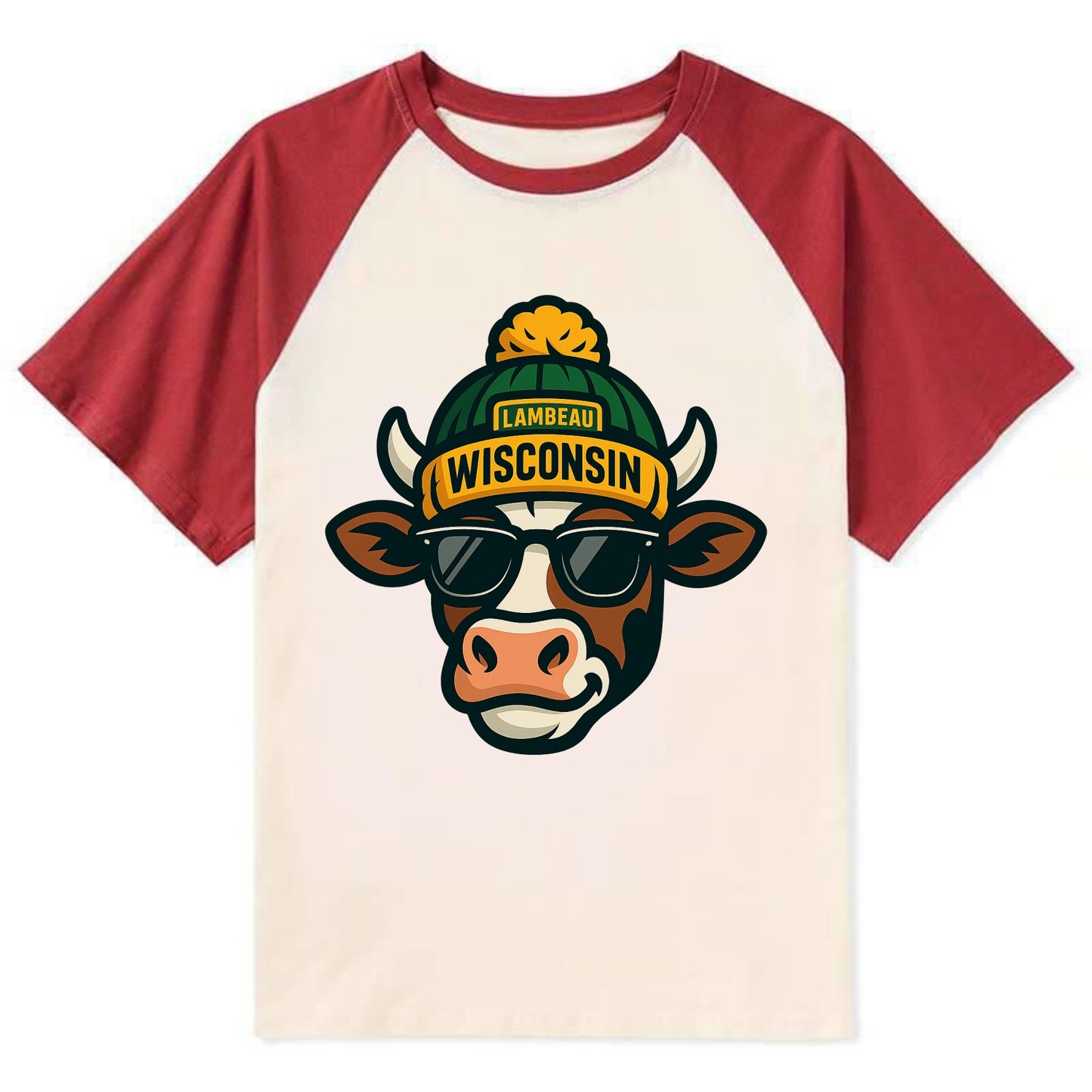 Wisconsin Cow wearing Packers beanie with Lambeau patch and wayfarer - Contrast Raglan T-shirt - Red